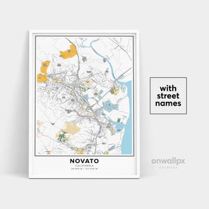 Impression de carte de Novato, noms de rue impression de Novato, carte imprimable de Novato, art de carte de ville, art de carte de Novato en Californie, affiche de cadeau de voyage