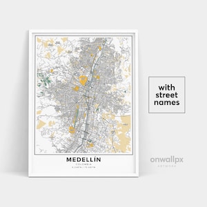 Impressão de mapa de Medellín, impressão de nomes de ruas de Medellín, mapa imprimível de Medellín, arte de mapa da cidade, arte de mapa de Medellín, Colômbia, pôster de presente de viagem