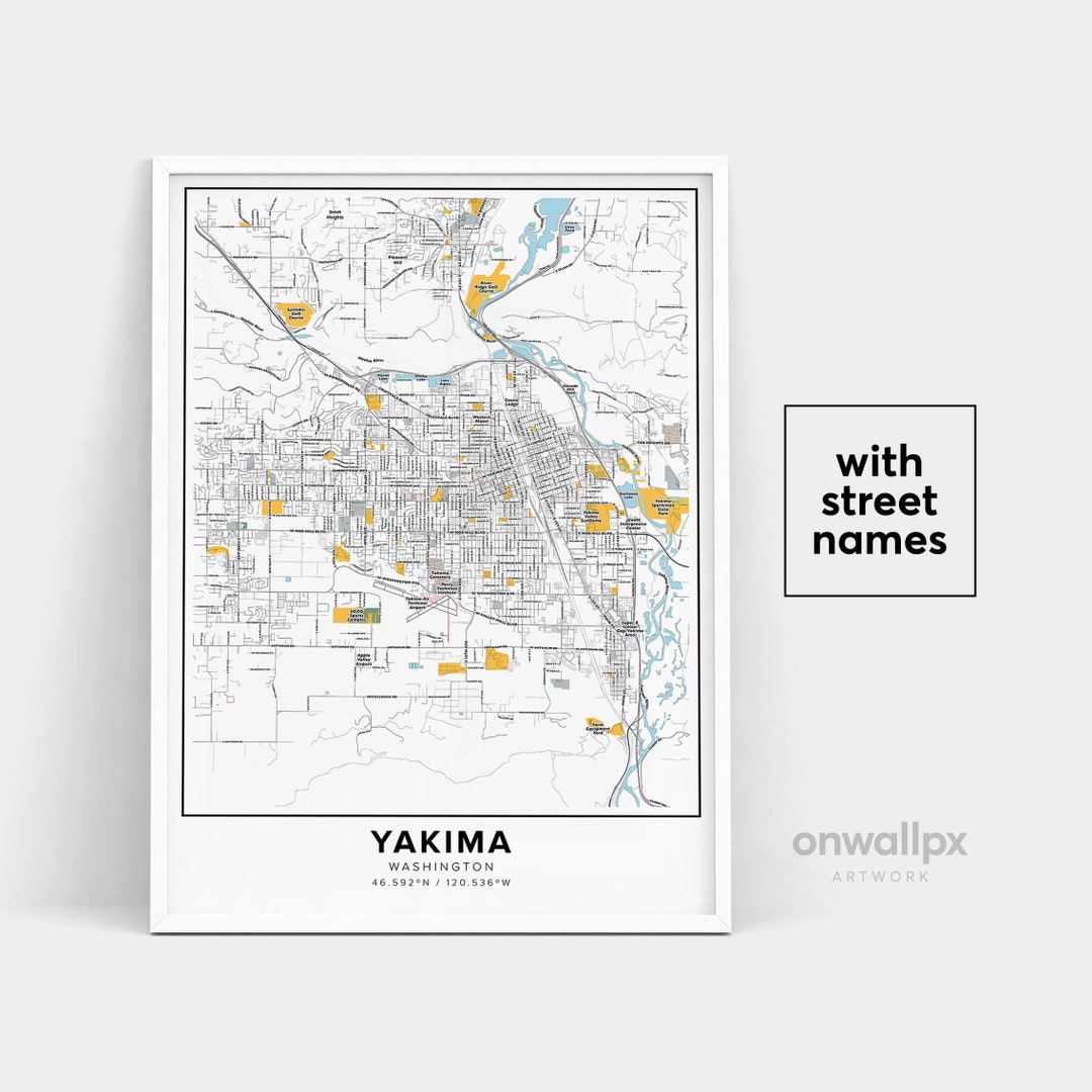 Yakima Map Print, Street Names Yakima Print, Printable Map of Yakima