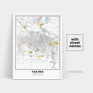 Impressão de mapa de Yakima, impressão de nomes de ruas Yakima, mapa imprimível de Yakima, arte do mapa da cidade, arte do mapa de Yakima Washington, pôster de presente de viagem