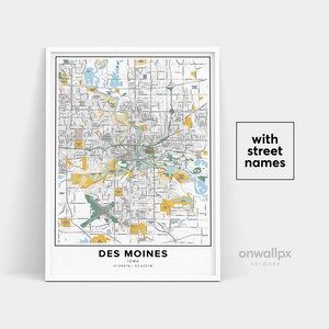 Impression de carte de Des Moines, impression de noms de rue de Des Moines, carte imprimable de Des Moines, art de carte de ville, art de carte de Des Moines Iowa, cadeau de voyage affiche