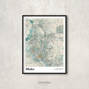 Impression d'affiche de carte de Dhaka, décoration de carte de Dhaka rétro, carte-cadeau de Dhaka vintage, carte rétro de Dhaka, Bangladesh, art mural intérieur