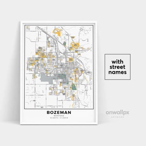 Impressão de mapa de Bozeman, impressão de nomes de ruas de Bozeman, mapa imprimível de Bozeman, arte de mapa de cidade, arte de mapa de Bozeman Montana, pôster de presente de viagem