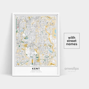 Impression de carte du Kent, impression des noms de rues du Kent, carte imprimable du Kent, art de la carte de la ville, art de la carte du Kent Washington, cadeau de voyage poster