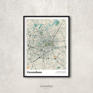 Poster impression carte de Greensboro, décor carte de Greensboro rétro, art mural cadeau vintage de Greensboro, décoration murale d'intérieur de carte rétro de Greensboro, NC, RC38