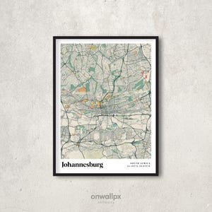 Impression d'affiche de carte de Johannesburg, décoration de carte de Johannesburg rétro, carte-cadeau de Johannesburg vintage, carte rétro de Johannesburg en Afrique du Sud, art mural