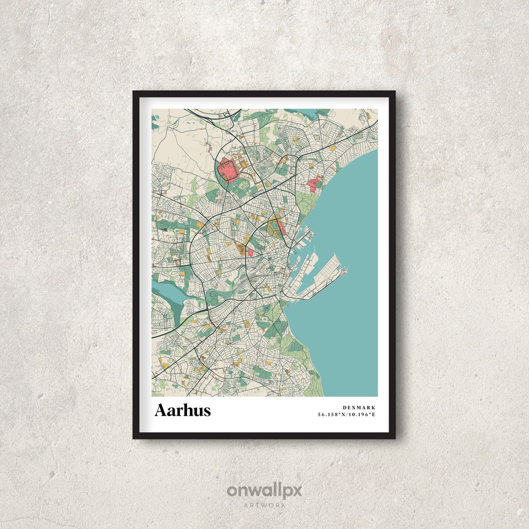 Aarhus Map Print Poster, Retro Aarhus Map Art, Vintage Aarhus Gift Wall ...
