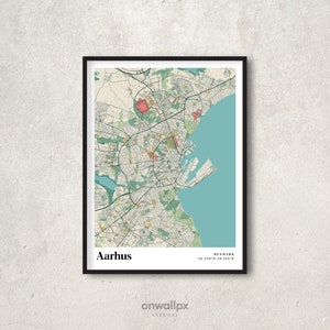 Aarhus Map Print Poster, Retro Aarhus Map Art, vintage Aarhus Gift Wall Art, Retro Map Aarhus Denmark Wall Decor