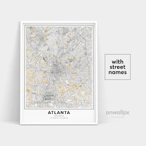 Impresión de mapa de Atlanta, Impresión de nombres de calles de Atlanta, Mapa imprimible de Atlanta, Arte de mapa de la ciudad, Arte de mapa de Atlanta, Georgia, Póster de regalo de viaje
