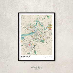 Cartaz de impressão de mapa de Limerick, decoração de mapa retrô de Limerick, arte de parede de presente vintage de Limerick, decoração de parede interna de mapa retrô de Limerick, Irlanda