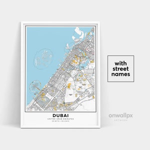 Impressão de mapa de Dubai, nomes de ruas Impressão de Dubai, mapa para impressão de Dubai, arte de mapa da cidade, arte de mapa de Dubai Emirados Árabes Unidos, pôster de presente de viagem