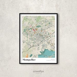 Montpellier Druck Karte, Retro Montpellier Karte Poster, Vintage Montpellier Straßenkarte Kunst, Geschenkkarte von Montpellier Frankreich Wanddekor, RC111