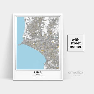 Impressão de mapa de Lima, nomes de ruas Impressão de Lima, mapa imprimível de Lima, arte do mapa da cidade, arte do mapa de Lima Peru, pôster de presente de viagem