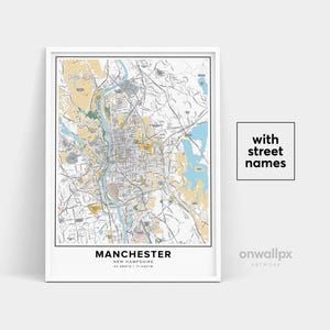 Manchester Karte Druck, Straßennamen Manchester Druck, Karte von Manchester, Stadt Karte Kunst, Manachor New Hampshire Karte Kunst, Reise Geschenk Poster