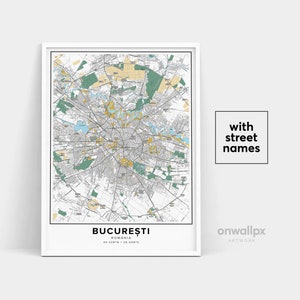 Impressão de mapa de Bucareste, impressão de nomes de ruas de Bucareste, mapa para impressão de Bucareste, arte do mapa da cidade, arte do mapa de Bucareste Romênia, pôster de presente de viagem