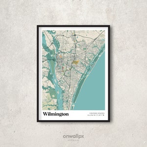 Affiche impression carte Wilmington, décoration carte Wilmington rétro, art mural cadeau Wilmington vintage, carte rétro de la ville de Wilmington NC, décoration murale RC77