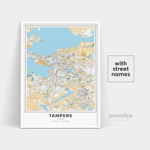 Impressão de mapa de Tampere, impressão de nomes de ruas Tampere, mapa imprimível de Tampere, arte do mapa da cidade, arte do mapa de Tampere Finlândia, pôster de presente de viagem
