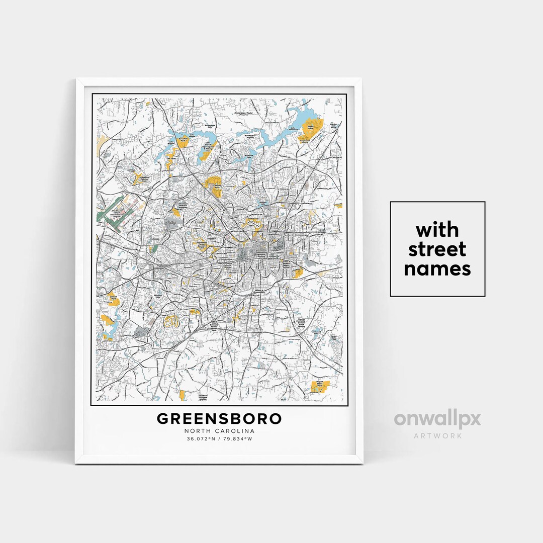 Greensboro Map Print, Street Names Greensboro Print, Map of Greensboro ...
