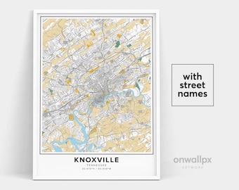 Mappa di Knoxville, Tennessee, con nomi delle strade, decorazione murale della città, poster regalo per viaggiatori.