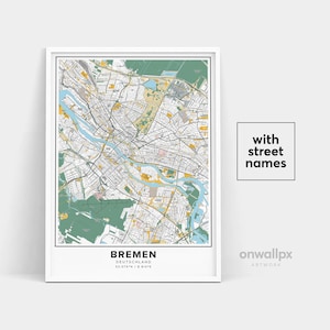 Impressão de mapa de Bremen, nomes de ruas Impressão de Bremen, mapa imprimível de Bremen, arte do mapa da cidade, arte do mapa de Bremen Alemanha, pôster de presente de viagem