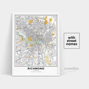 Impressão de mapa de Richmond, impressão de nomes de ruas de Richmond, mapa para impressão de Richmond, arte de mapa da cidade, arte de mapa de Richmond Virginia, pôster de presente de viagem