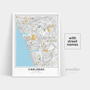 Impressão de mapa de Carlsbad, impressão de nomes de ruas Carlsbad, mapa para impressão de Carlsbad, arte do mapa da cidade, arte de mapa de Carlsbad Califórnia, pôster de presente de viagem