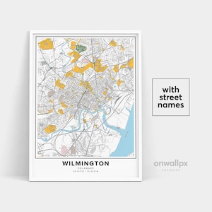 Impression de carte de Wilmington, impression de noms de rues de Wilmington, carte imprimable de Wilmington, art de carte de ville, carte de Wilmington Delaware, affiche de cadeau de voyage