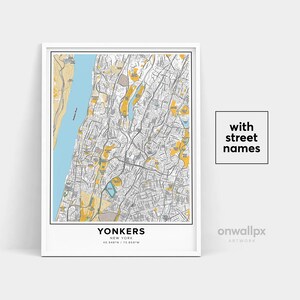 Impression de carte de Yonkers, impression de Yonkers de noms de rue, carte imprimable d'Yonkers, art de carte de ville, art de carte de Yonkers de New York, affiche de cadeau de voyage