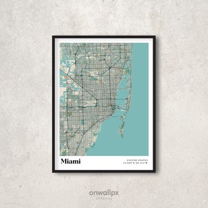 Miami Print Kaart, Retro Miami Kaart Poster, Vintage Miami Straten Kaart Kunst, Gift Map Miami Florida, Miami Wall Decor, RC81