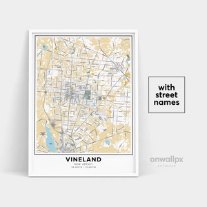 Impression de carte de Vineland, impression de Vineland de noms de rue, carte imprimable de Vineland, art de carte de ville, art de carte de Vineland New Jersey, affiche de cadeau de voyage