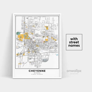 Cheyenne Map Print, Noms de rue Cheyenne Print, Carte imprimable de Cheyenne, City Map Art, Cheyenne Wyoming Map Art, Affiche cadeau de voyage