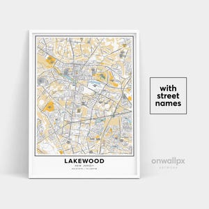 Impresión de mapas de Lakewood, nombres de calles de Lakewood, mapa imprimible de Lakewood, arte de mapas de la ciudad, arte de mapas de Lakewood, Nueva Jersey, póster de regalo de viaje