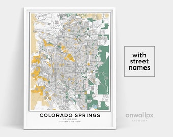 Colorado Springs Map Print, Noms de rue Colorado Springs Print, Carte De Colorado Springs, Carte De La Ville Art, Carte du Colorado, Affiche Cadeau De Voyage