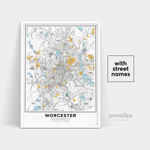 Impressão de mapa de Worcester, impressão de nomes de ruas de Worcester, mapa para impressão de Worcester, arte do mapa da cidade, mapa de Worcester Massachusetts, pôster de presente de viagem