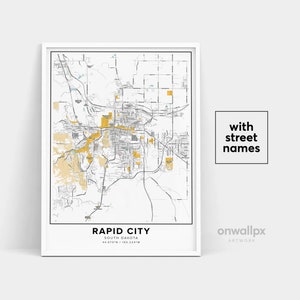 Impressão de mapa de Rapid City, nomes de ruas Impressão de Rapid City, mapa de Rapid City, arte de mapa de cidade, arte de mapa de Rapid City Dakota do Sul, pôster de presente de viagem