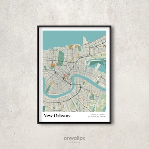 New Orleans Kaart Poster Print, Retro New Orleans Kaart Decor, Vintage New Orleans Gift Map, Retro Stadskaart van New Orleans Louisiana, Wandkaart