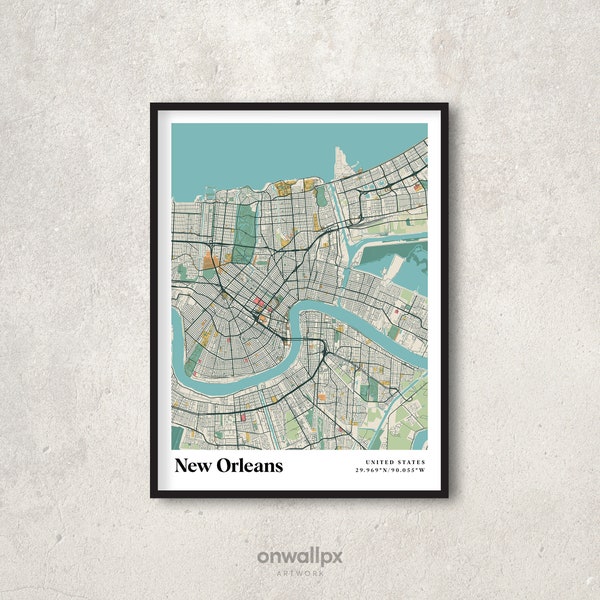 New Orleans Map Poster Print, Retro New Orleans Map Decor, Vintage New Orleans Gift Map, Retro City Map of New Orleans Louisiana, Wall Map