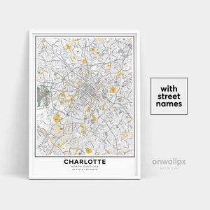 Impressão de mapa de Charlotte, impressão de nomes de ruas de Charlotte, mapa para impressão de Charlotte, arte do mapa da cidade, mapa de Charlotte da Carolina do Norte, pôster de presente de viagem