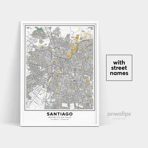 Impressão de mapa de Santiago, nomes de ruas Impressão de Santiago, mapa imprimível de Santiago, arte do mapa da cidade, arte do mapa de Santiago Chile, pôster de presente de viagem