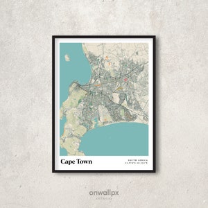 Affiche de carte du Cap, déco carte rétro du Cap, art mural cadeau vintage du Cap, carte de la ville rétro, déco d'intérieur de Cape Town Afrique du Sud, RC32