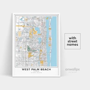 West Palm Beach-kaart afdrukken, straatnamenkaart, stadskaart kunst, kaart van West Palm Beach, West Palm Beach Florida kaart kunst, reiscadeau poster