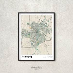Carte imprimée de Winnipeg, Affiche de carte rétro de Winnipeg, Illustration murale vintage de la carte de Winnipeg, Carte cadeau de Winnipeg Canada, Décor mural de Winnipeg, RC65