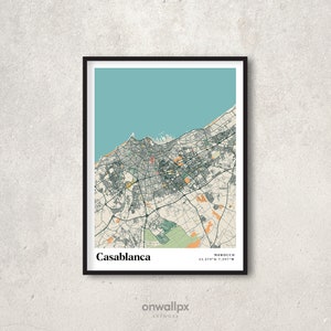 Impression d'affiche de carte de Casablanca, décoration de carte de Casablanca rétro, art mural cadeau Casablanca vintage, plan de la ville rétro de Casablanca Maroc Art d'intérieur