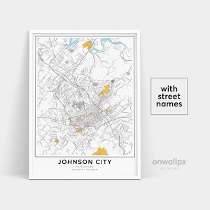 Impressão de mapa de Johnson City, nomes de ruas Impressão de Johnson City, mapa de arte de mapa de Johnson City, arte de mapa de Johnson City Tennessee, pôster de presente de viagem
