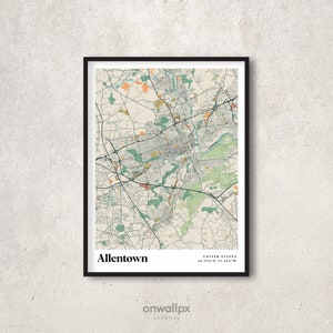 Allentown Print Kaart, Retro Allentown Kaart Poster, Vintage Allentown Straten Kaart Kunst, Cadeaukaart Allentown Pennsylvania Wall Art Decor, RC63