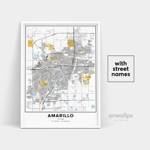 Impressão de mapa de Amarillo, impressão de nomes de ruas Amarillo, mapa para impressão de Amarillo, arte do mapa da cidade, arte do mapa de Amarillo Texas, pôster de presente de viagem