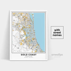Impression de carte de la Gold Coast, noms de rue impression de la Gold Coast, carte de la Gold Coast, art de la carte de la ville, art de la carte de la Gold Coast Queensland, cadeau de voyage poster