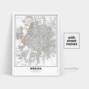 Impressão de mapa de Mérida, impressão de nomes de ruas de Mérida, mapa imprimível de Mérida, arte do mapa da cidade, arte do mapa de Mérida México, pôster de presente de viagem