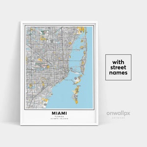 Impressão de mapa de Miami, impressão de nomes de ruas de Miami, mapa para impressão de Miami, arte do mapa da cidade, arte do mapa de Miami Florida, pôster de presente de viagem
