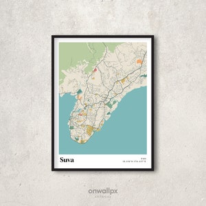 Impression d'affiche de carte de Suva, décoration de carte de Suva rétro, carte cadeau vintage de Suva, carte rétro de Suva, Fidji, art mural intérieur